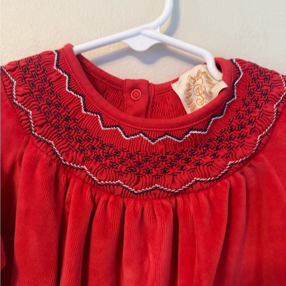 The Beaufort Bonnet Company Red Velvet Smocked Long Sleeve Dress - Picture 2 of 4